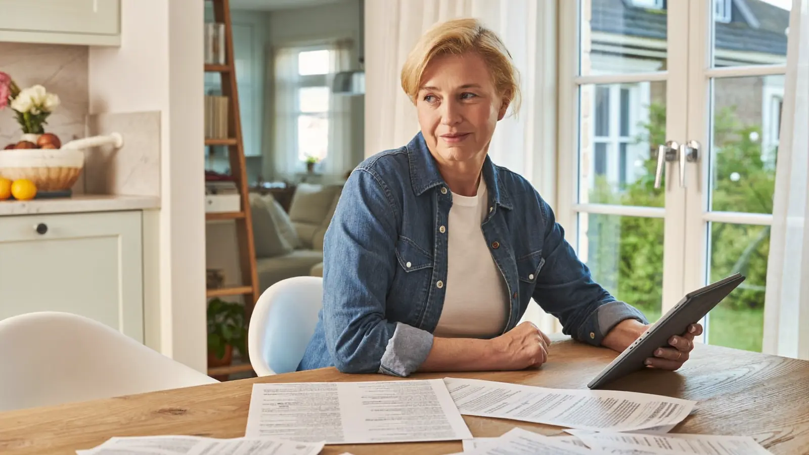 Homeowner comparing window installer quotes on a tablet at a kitchen table