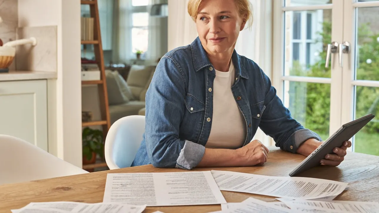 Homeowner reviewing window quote paperwork at a dining table