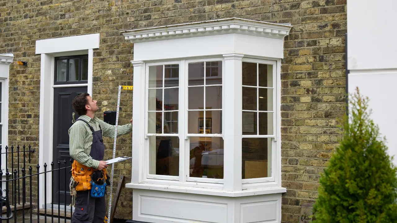 A window installer measuring the front window of a UK home before quoting