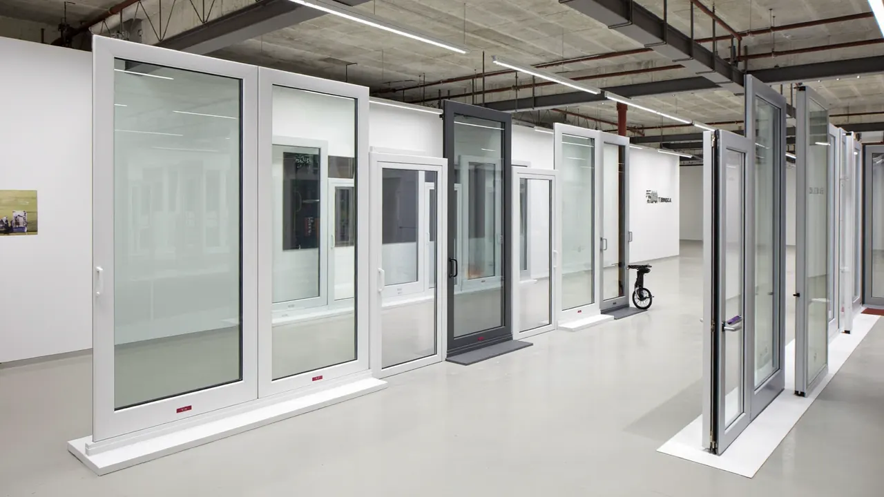 A window showroom display featuring double-glazed units and doors