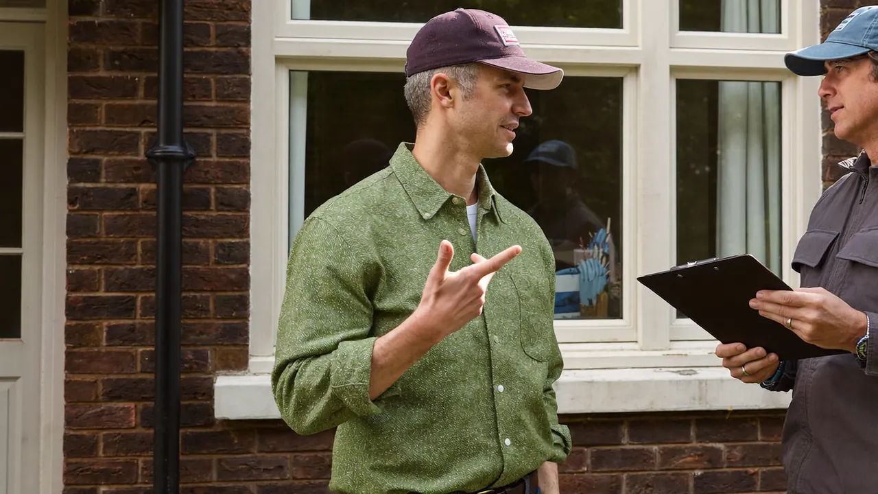 A homeowner listening warily to a pushy salesperson on the doorstep
