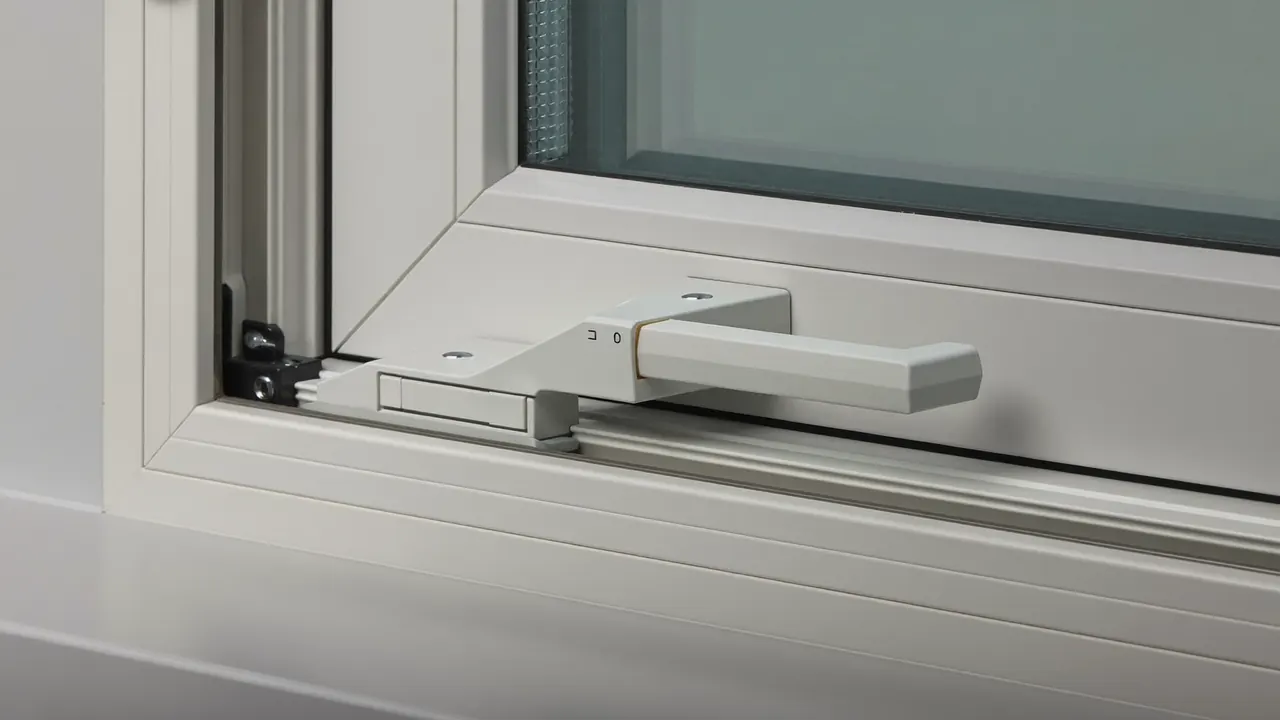 Close-up of the handle and locking hardware on a new uPVC window