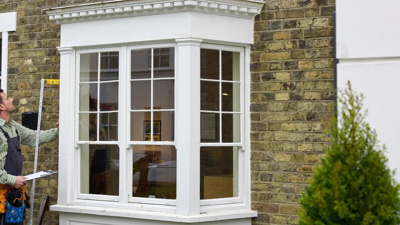A window fitter measuring a frame during a survey appointment